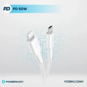 Câble de Charge Rapide et de transfert données – Tressé – Type-C vers Lightning 1.2M PD 60W – Powerology – P23BRCL12WH – Blanc