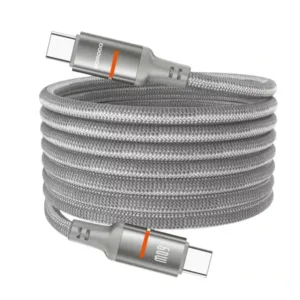 Câble tressé magnétique de charge rapide et transfert données Porodo – Type-C vers Type-C avec indicateur LED – 60W – 1,2m – Gris – PD-CBL0030-GY-C