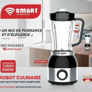 SMART TECHNOLOGY – Blender multifonctions – avec bol incassable Résistant à l’eau – Moteur en cuivre pur – 600 W- 1.8 L- Gris – STPE-8032P – Garantie